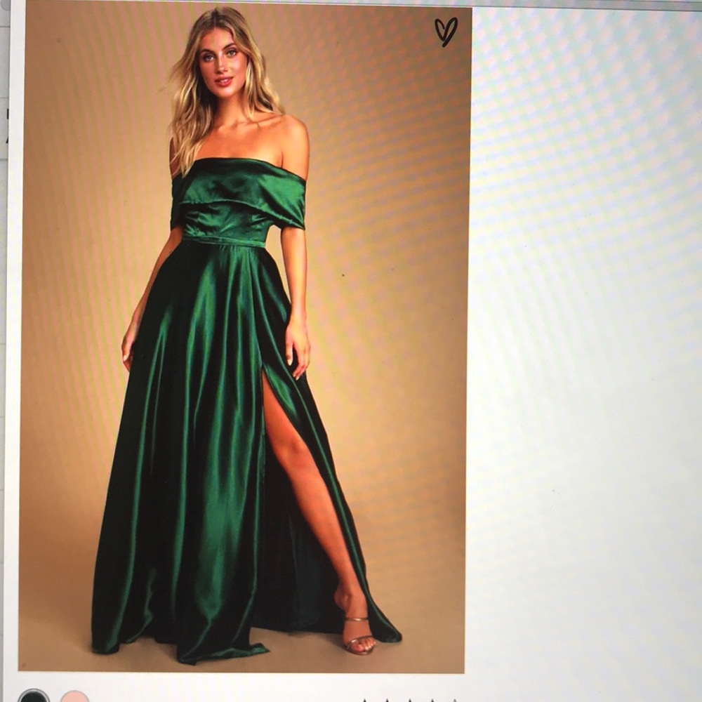 Lulus Forest Green Satin Off-Shoulder Maxi Dress